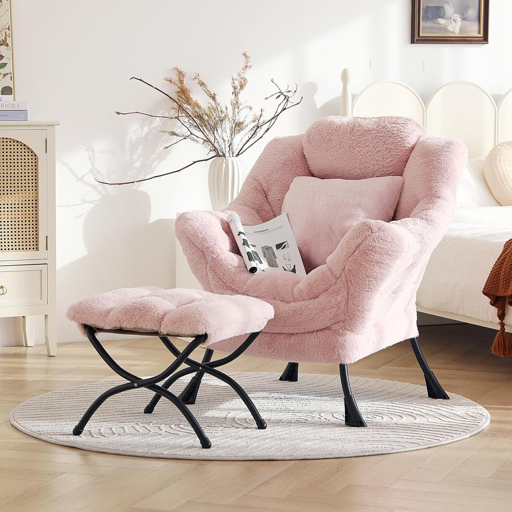 Lazy Chair with Ottoman, Plush Reading Chair with Pillow，Pink
