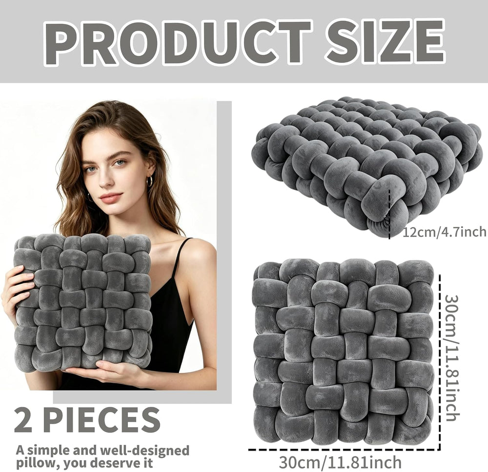 2 Pcs Square Knot Throw Pillows, Crystal Velvet, (Dark Grey)