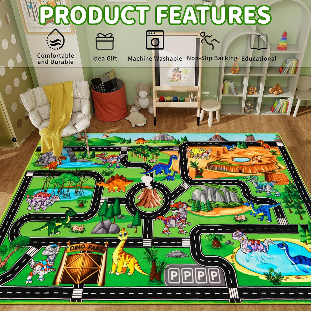 Kids Dinosaur Rug for Playroom 59" x 39.4", Dino Road Play Mat with Car Tracks, Educational Toddler Play Rug for Boys Bedroom, Robot Dinosaur Park Carpet for Toy Cars, Nursery, Classroom