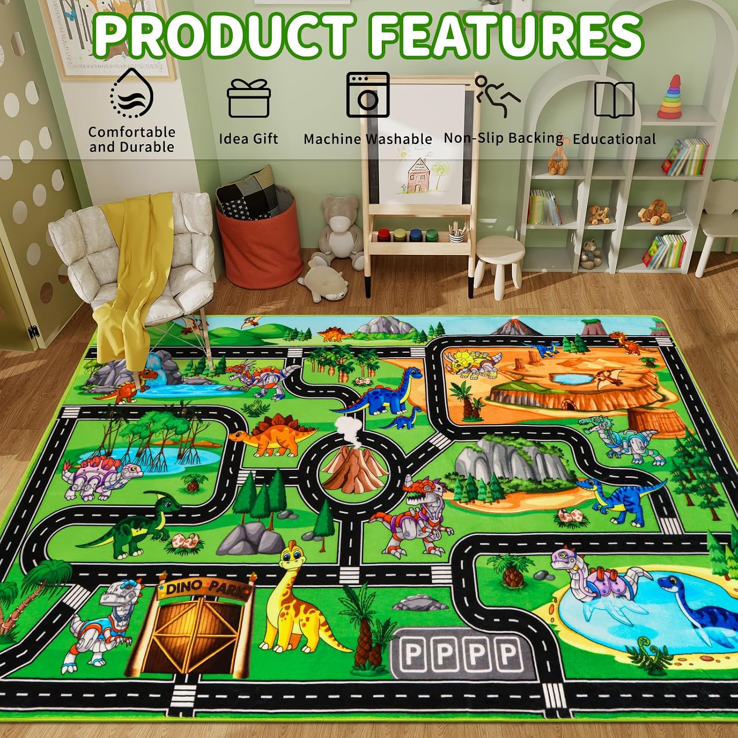 Kids Dinosaur Rug for Playroom 59" x 39.4", Dino Road Play Mat with Car Tracks, Educational Toddler Play Rug for Boys Bedroom, Robot Dinosaur Park Carpet for Toy Cars, Nursery, Classroom