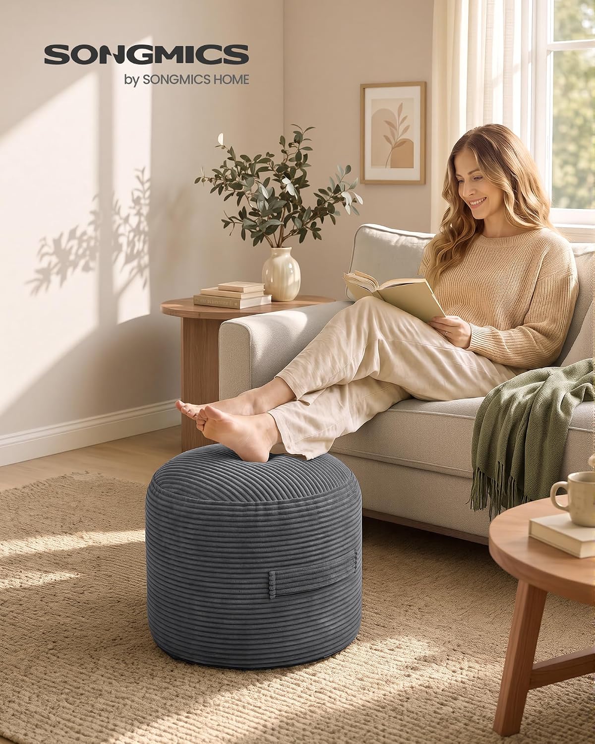 songmics stuffed pouf ottoman, 20" round foot rest shown in use