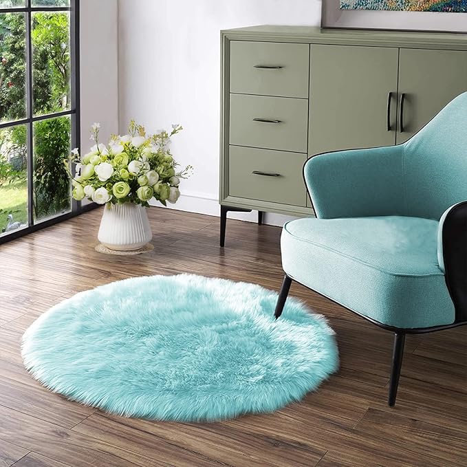 Latepis Light Blue Fur Round Rug 3ft Faux Sheepskin Circle Rug by Latepis