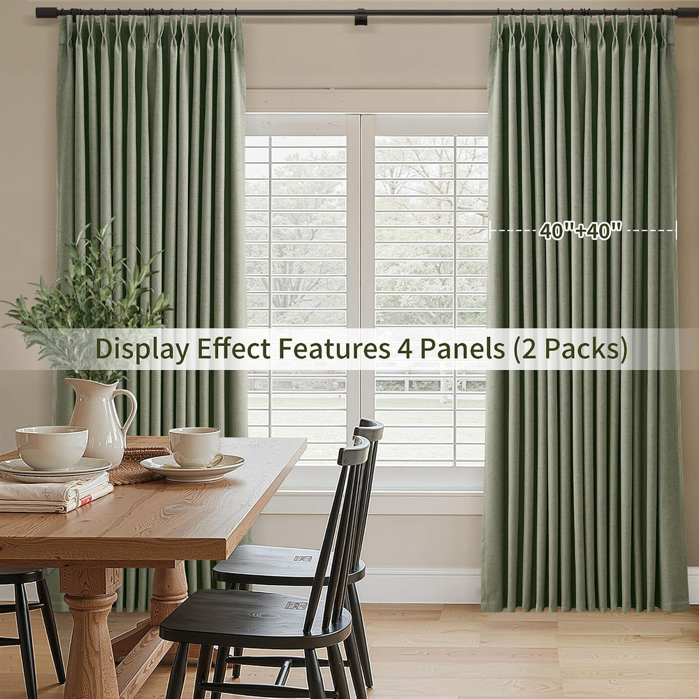 Joywell 100% Blackout Linen Pinch Pleated Curtains 84 Inch Long Sage Green