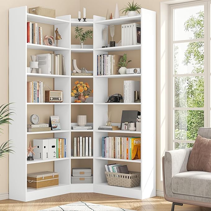 70.8" Tall Corner Bookshelf and Bookcases, 7 Tiers Morden Large Etagere Bookcases Storage Display Rack with Baffle, Industrial L Shaped Bookshelves for Bedroom, Home Office, Living Room, White