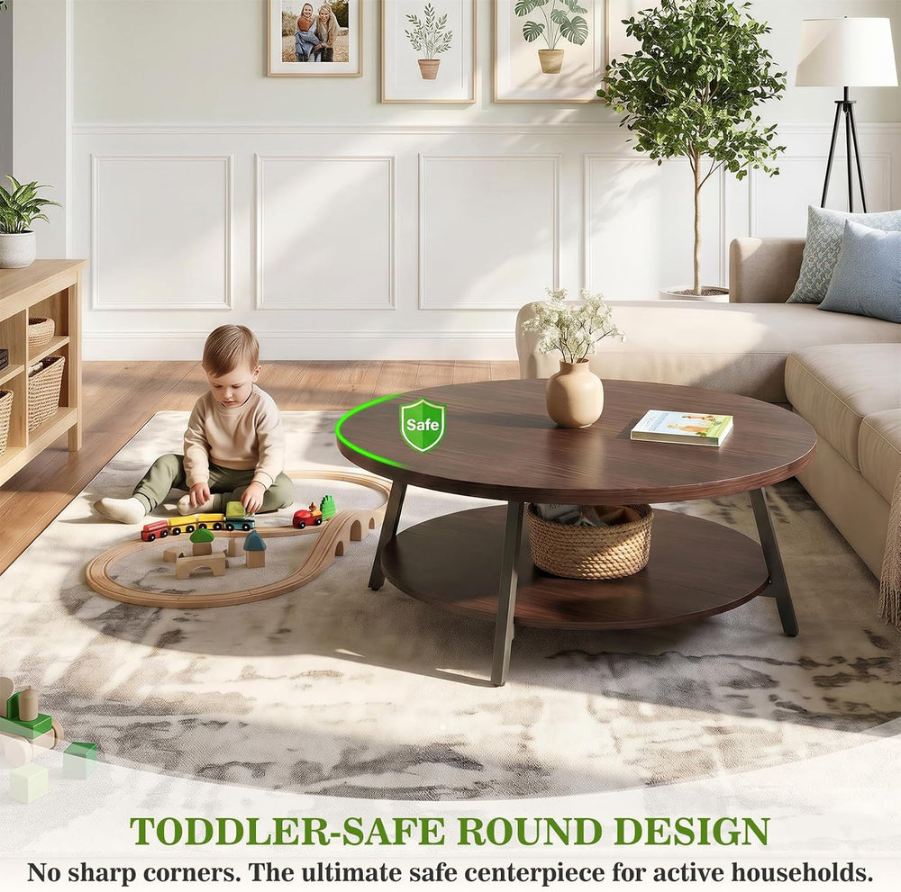 35.4" Round Wood Coffee Table with 2-Tier Storage, 1" Thick Top