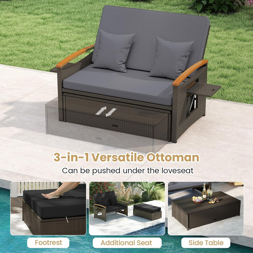 Tangkula Patio Rattan Daybed, Outdoor Wicker Loveseat, Grey & Brown