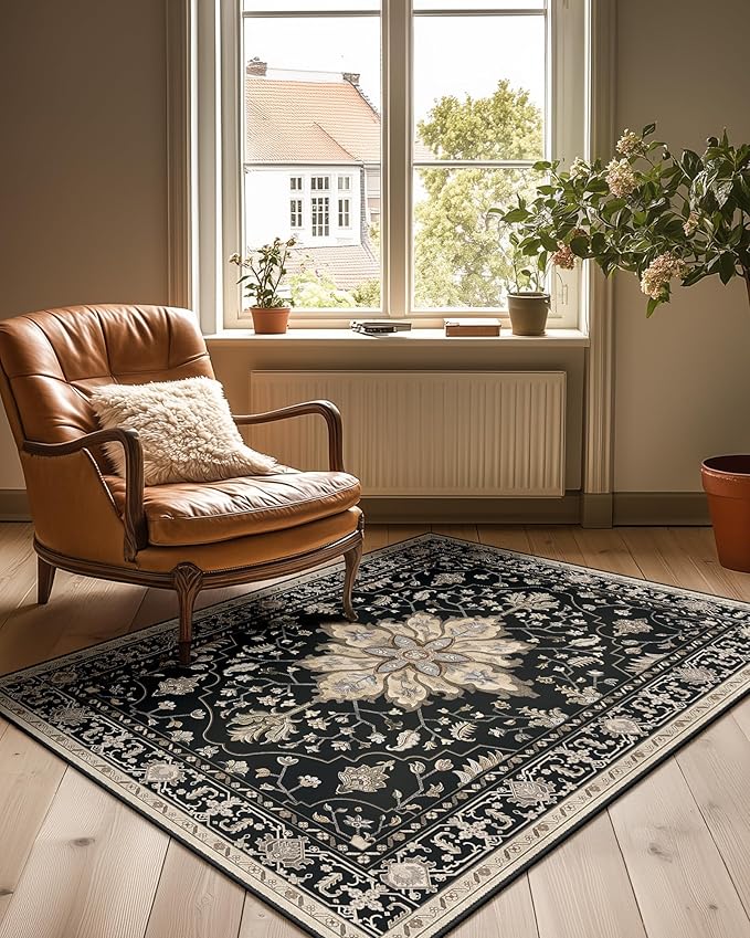 RELEANY Area Rugs 3'x4' Washable Non-Slip, Floral Vintage Distress Print by RELEANY