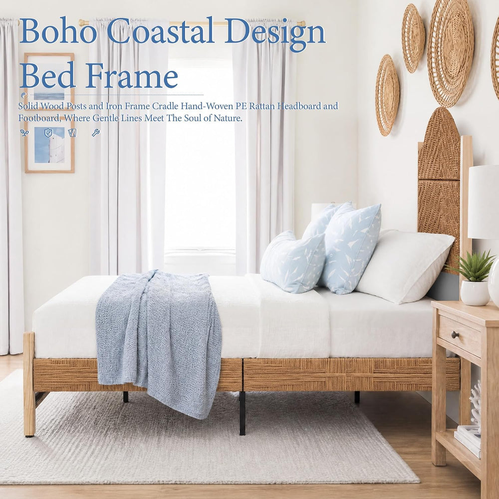 Yechen Queen Size Bed Frame with 56.7" Tall Headboard, Handwoven PE Rattan