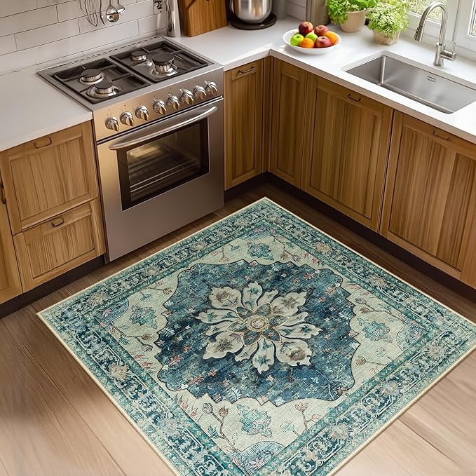 RELEANY Area Rugs Square 4ft Washable Non-Slip, Floral Vintage Distress Print by RELEANY