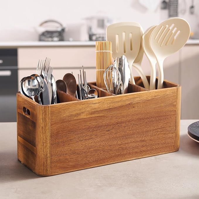 16" Wooden Kitchen Utensil Holder, Extra Large Acacia Wood Organizer by Unknown