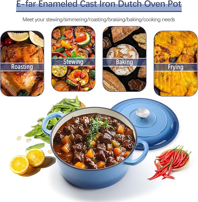 E-far Dutch Oven Pot with Lid, 5 Quart Enameled Cast Iron Round Dutch Oven - Image 3