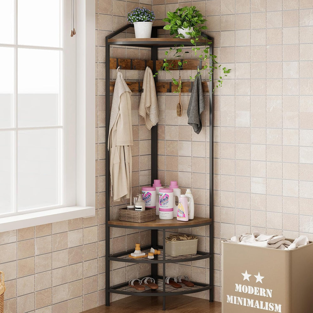 GiftGo Corner Hall Tree with Shoe Bench Entryway Coat Rack with 10 Metal Mova...