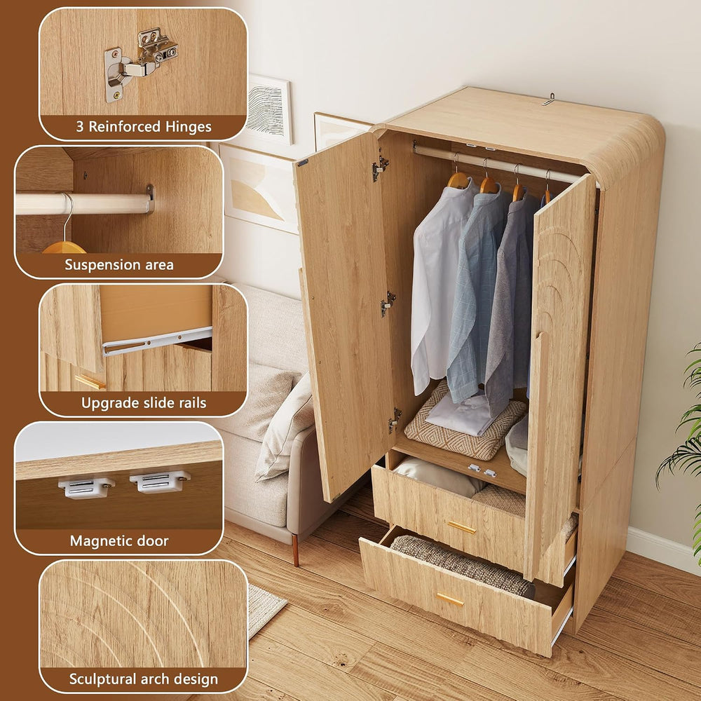 ORRD Freestanding Armoire Wardrobe Closet with Arched Fluted 2 Doors and 2 St...