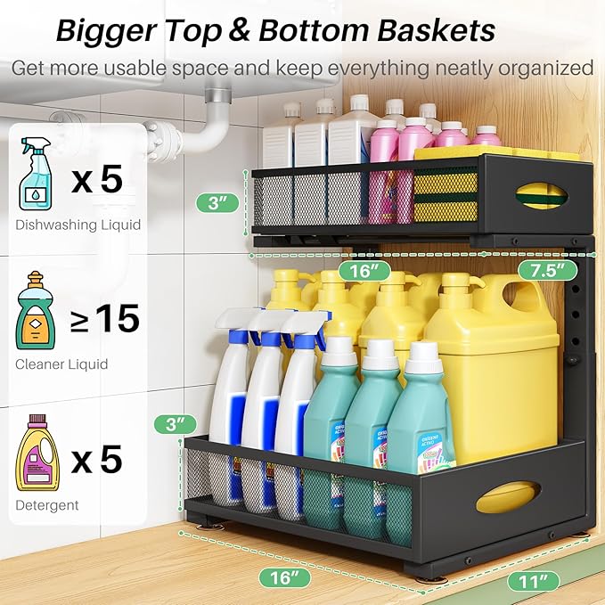 Under Sink Organizer, L-Shaped Adjustable Height, Mesh Sliding Drawer - Image 3
