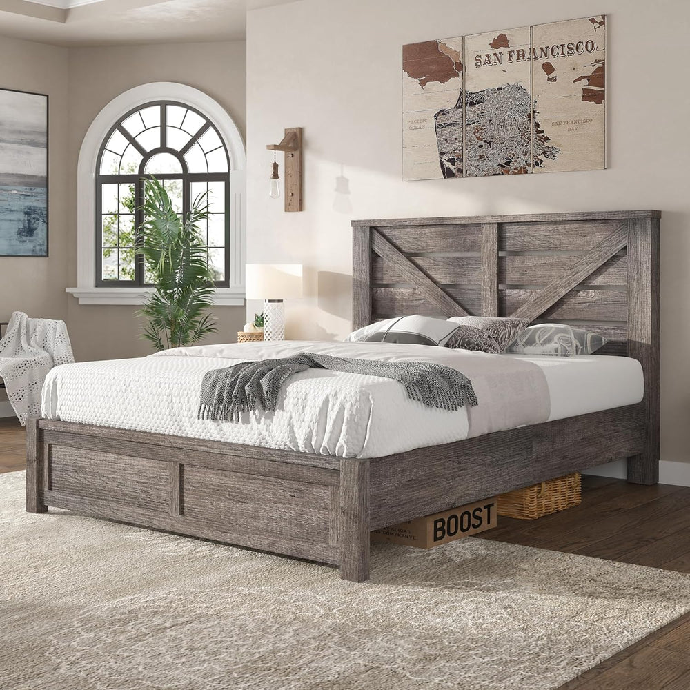 AMERLIFE Farmhouse Full Size Bed Frame with 49.2" Barn Door Headboard, Gray