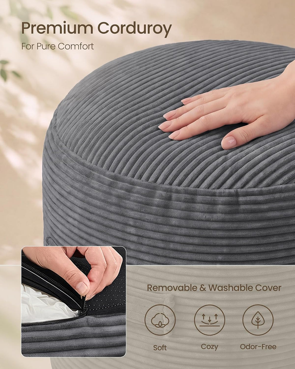 SONGMICS Stuffed Pouf Ottoman, 20" Round Foot Rest with Side Handle