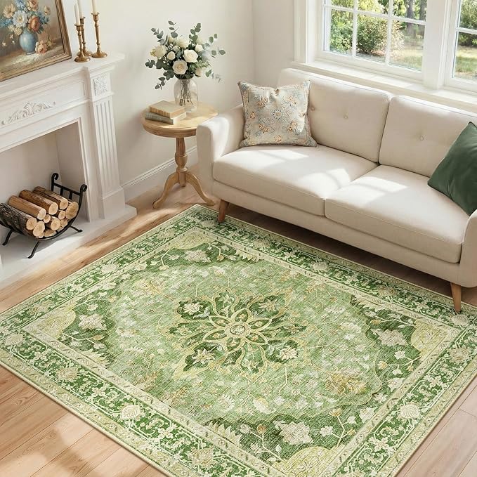 RELEANY Area Rugs 4'x6' Washable Non-Slip, Floral Vintage Distress Print by RELEANY