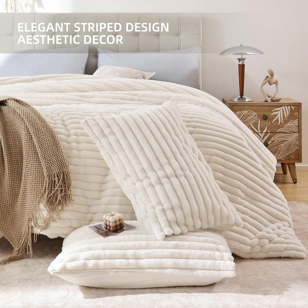 Fluffy Queen Size Comforter 3 PCS - Cream White Fleece Bedding Set