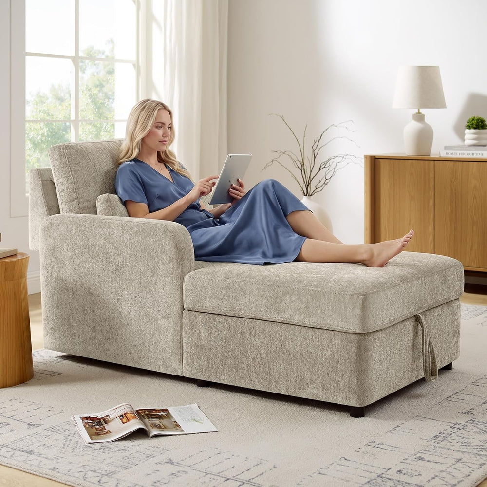 63.8" Oversized Chaise Lounge Chair with Storage, Chenille Camel