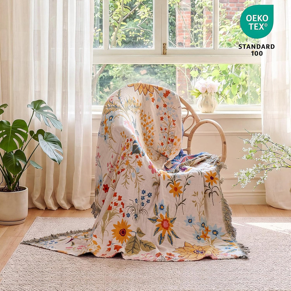 MSGKV Boho Throw Blanket 60"x80" Cotton Floral Twin Blanket for Cou...