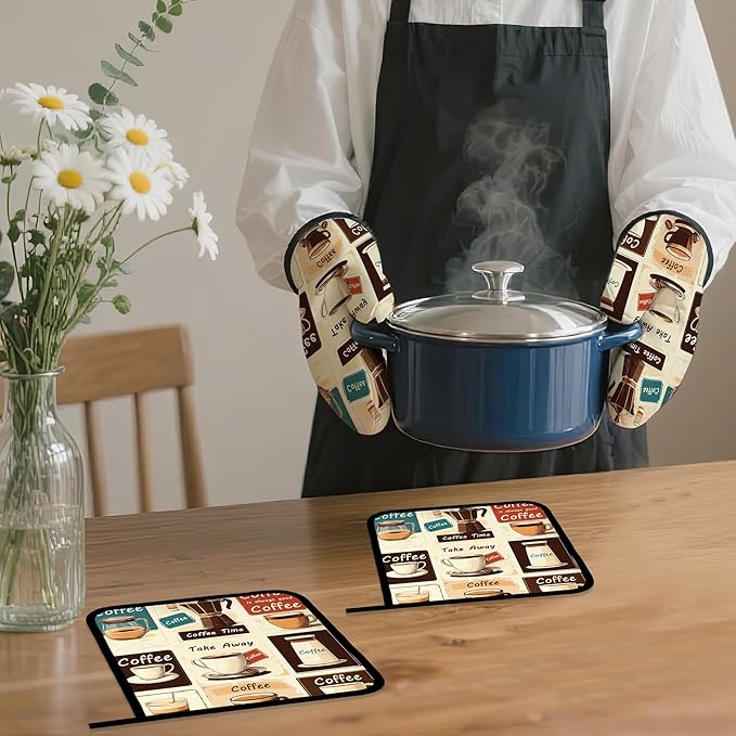 Vintage Coffee Oven Mitts and Pot Holders, Heat Resistant Oven Mitts Gloves and - Image 7