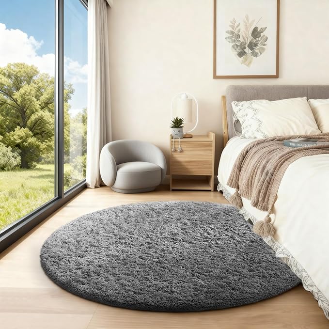 Ophanie Round Rug 4Ft Grey Circle Area Rugs, Fluffy Fuzzy Small Bedroom Carpet - Image 5