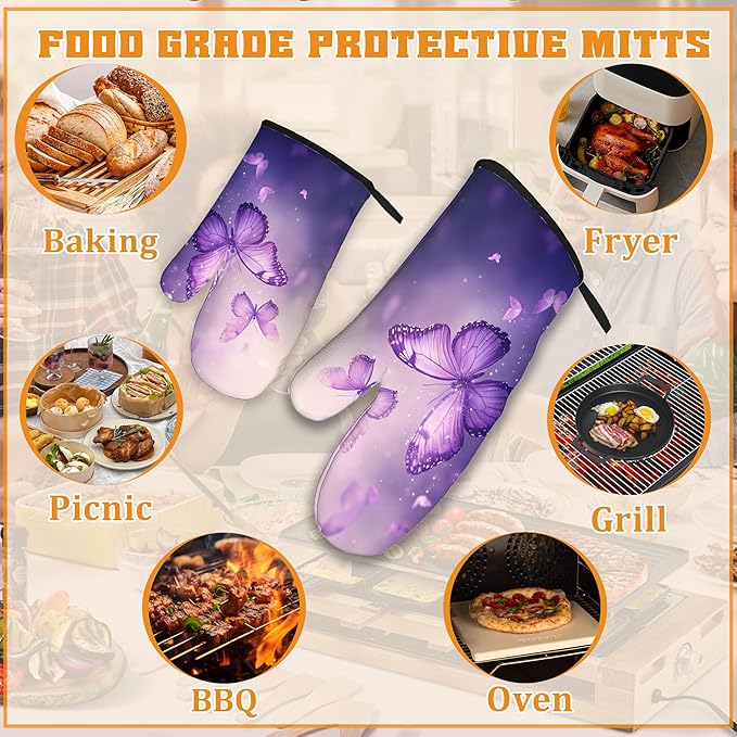 Purple Butterfly Oven Mitts and Pot Holders Set, Sparkling Kitchen Oven Gloves - Image 5