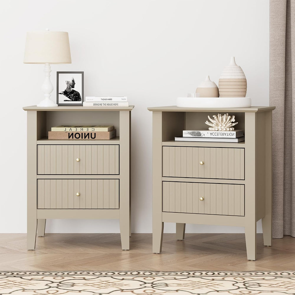 RoyalCraft Beige Fluted Nightstand Set of 2, Colorful Nightstand with 2 Drawe...