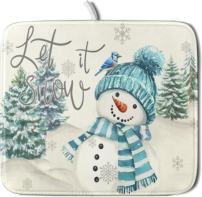 Giwawa Blue Snowman Dish Drying Mat Xmas Trees Bird Winter Snowy Scene Dish by Giwawa