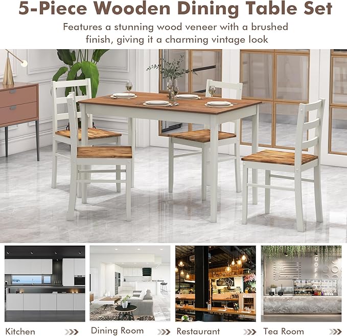 COSTWAY Dining Table Set for 4, Wood Kitchen Table Chairs Set with Rubber Woo...