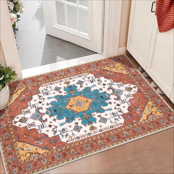 SERISSA Boho Rugs for Entryway, 2x3 Orange Entryway Rug Non-Slip Washable Small - Image 8