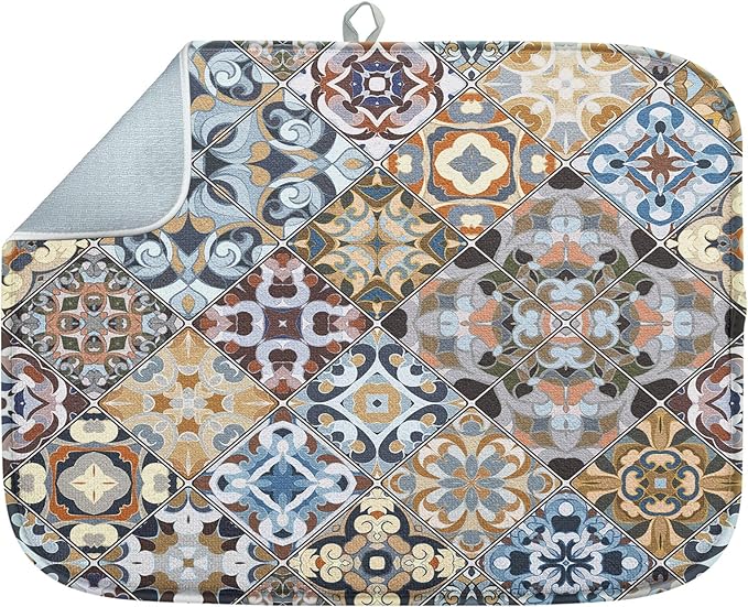 Sanwarm Absorbent Dish Drying Mat, Retro Colorful Tiles Vintage Floral by SanwarmHomeDecor