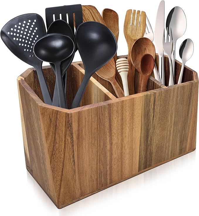 Large Kitchen Utensil Holder for Countertop – Acacia Wood Utensil Organizer by Dstuff