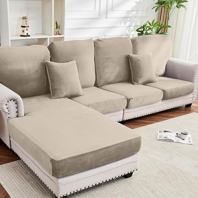 Couch Cover 8-Piece Elastic Velvet Couch Cushion Covers & Chaise Slipcovers by Taque