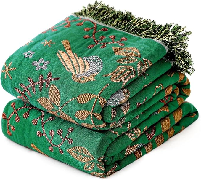 MSGKV Boho Throw Blanket 100% Cotton Green Blanket 90''x 98'' Spring Reversible by MSGKVHomeTextiles