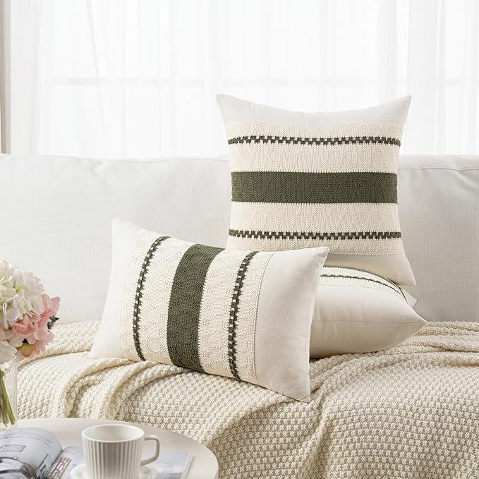 Fancy Homi Set of 1 Boho Olive Green Lumbar Decorative Throw Pillow Cover 12x20 - Image 5