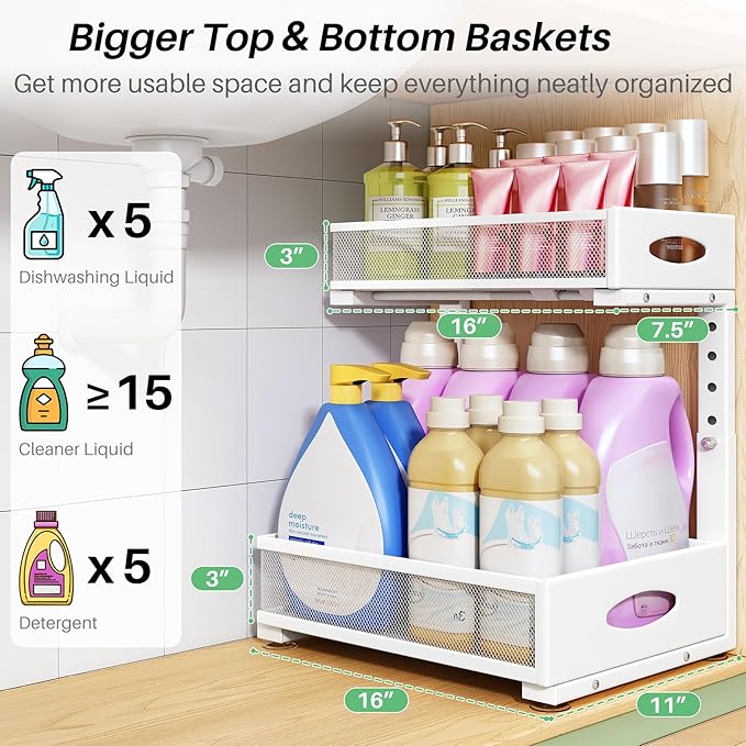 Under Sink Organizer, L-Shaped Adjustable Height, Mesh Sliding Drawer - Image 3