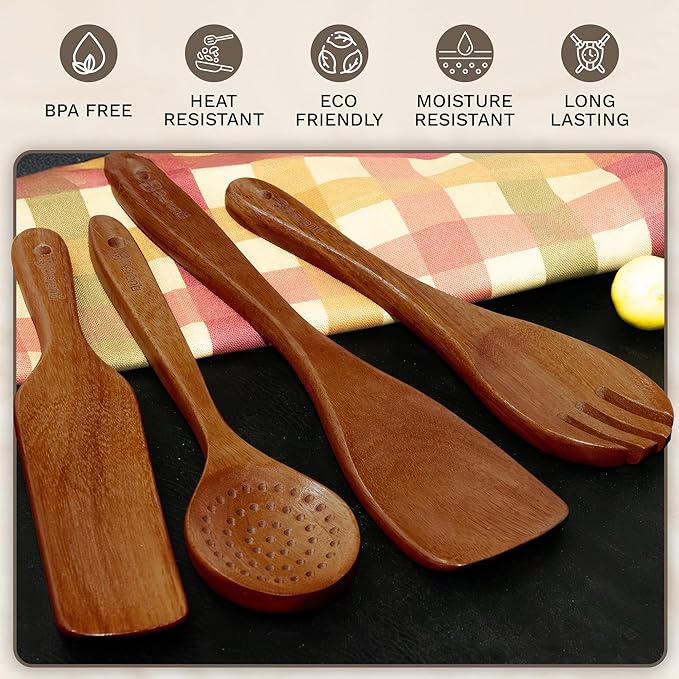 10Pcs Wooden Kitchen Utensil Set, Premium Natural Acacia Wood Cooking Utensils - Image 8