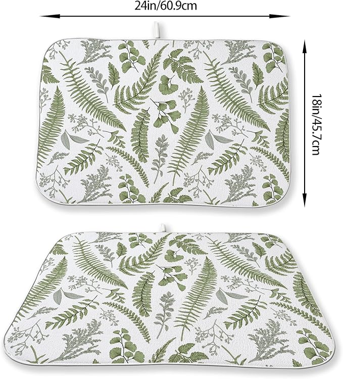 Sage Green Herb Leaves Dish Drying Mat 18 x 24 Inch Vintage Sage Green Leaf - Image 3