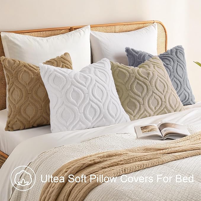 decorUhome Throw Pillow Covers 16x16 Inch Set of 2, Soft Plush Faux Wool Khaki - Image 5