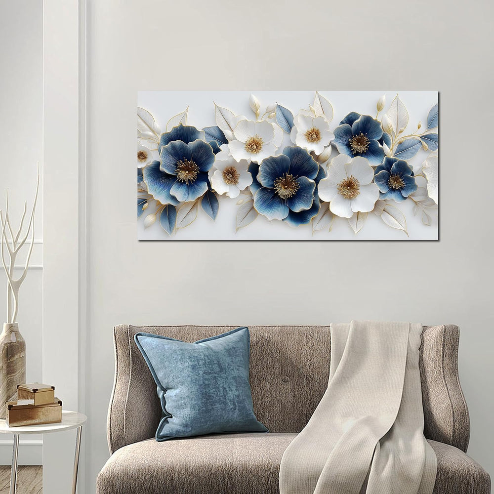 Large Canvas Wall Art for Living Room Blue and White Floral Print Painting wa...