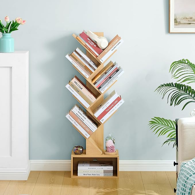 Hoctieon 6 Tier Tree Bookshelf, Tall Bookcase with Drawer, Freestanding Book ...
