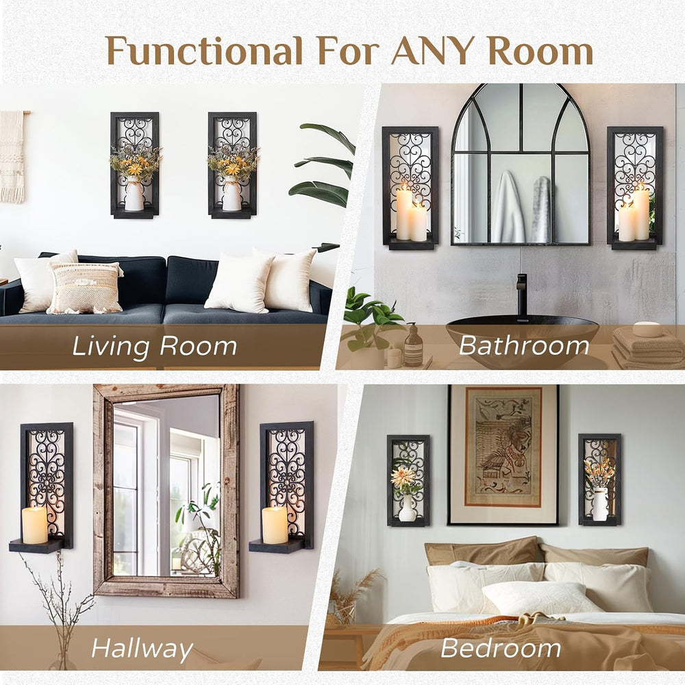 Black Gothic Wall Candle Sconces Set of 2 with Real Glass Mirror