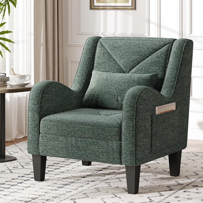 Maupvit Chenille Accent Chair for Living Room Bedroom Chair Comfy Reading Chair Upholstered Arm Chair, Single Sofa Chair with Lumbar Pillow, Mid Century Modern Chair for Small Spaces, Green