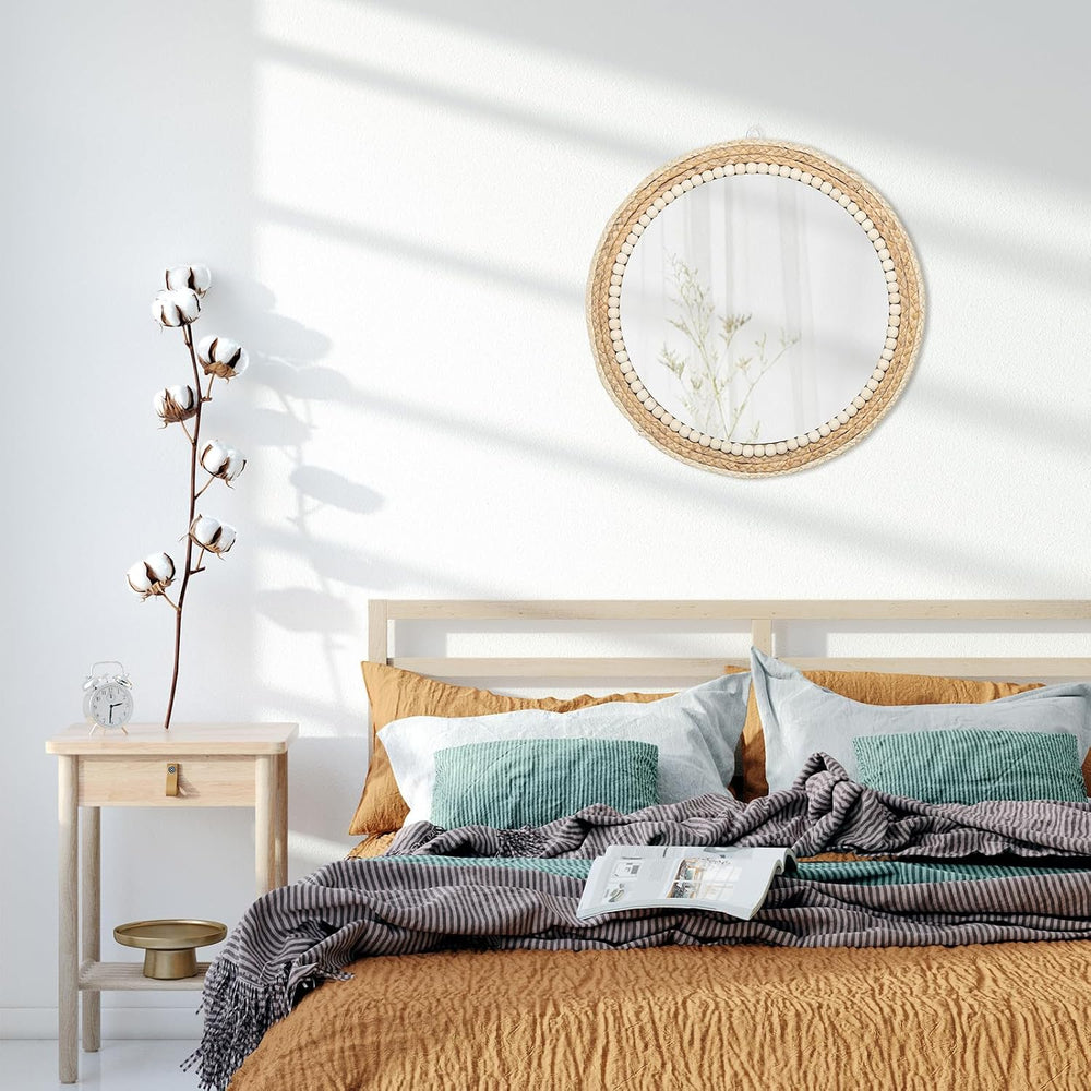 18 Inch Boho Round Hanging Wall Mirror Decorative Rattan Circle Mirrors for F...