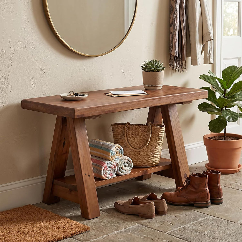 chairus Farmhouse 2-Tier Storage Bench, 30" Solid Wood Entryway Bench Se...