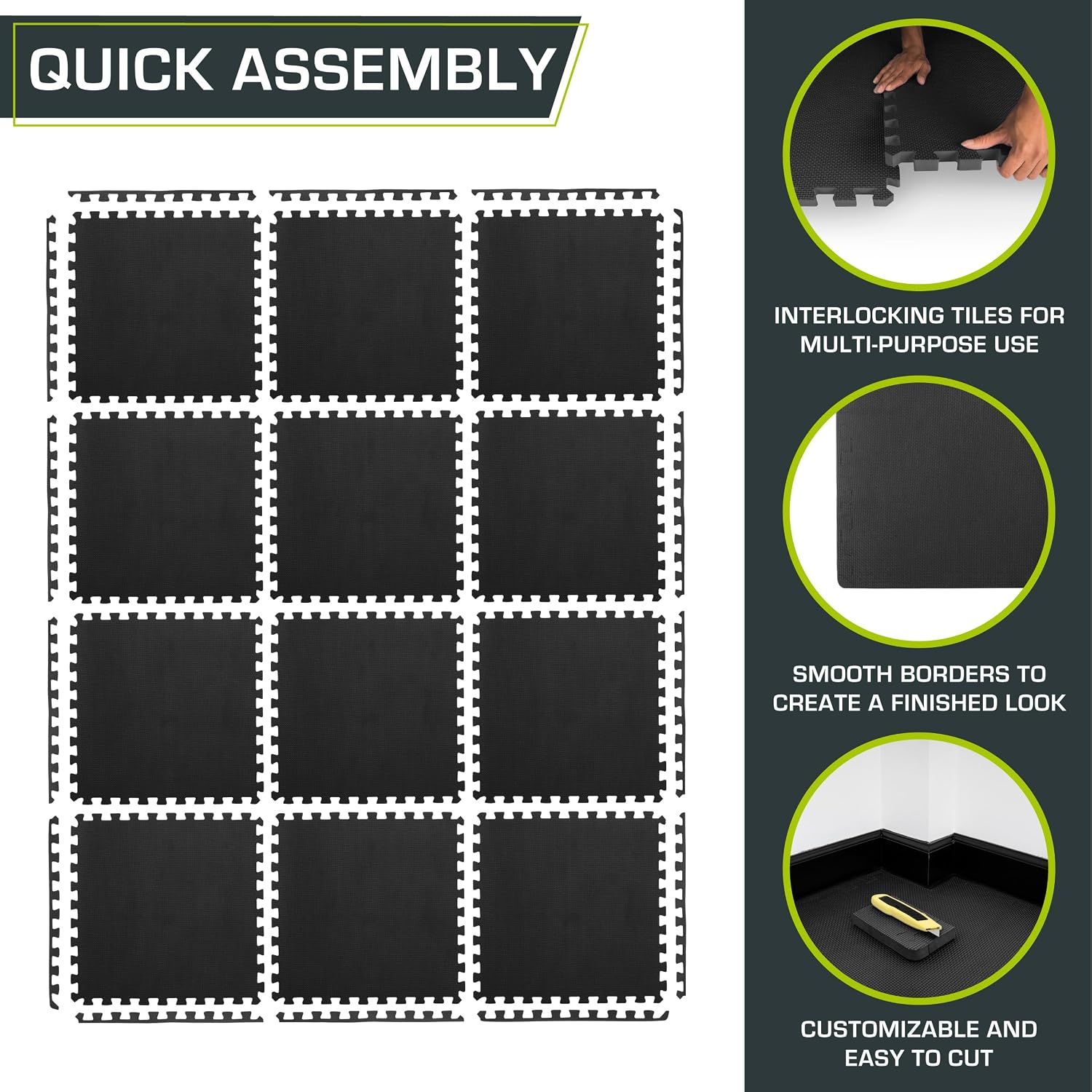 ProsourceFit Weaved Pattern Extra Thick Exercise Puzzle Mat 3/4-inch, EVA Foam Interlocking Tiles for Protective, Cushioned Flooring for Home and Gym Equipment; Black, 48 SQ FT, 12 Tiles