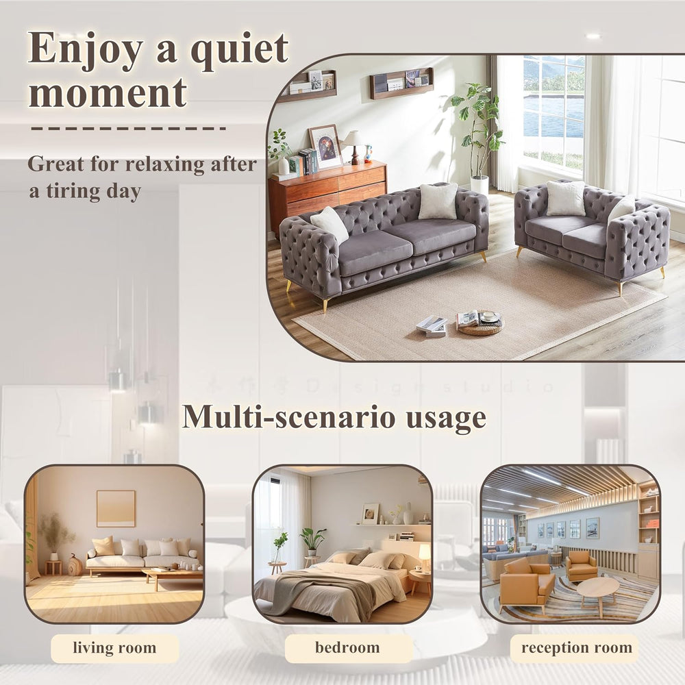 2 Piece Chesterfield Velvet Combination Sofa for Living Room,82.5" 3-Sea...