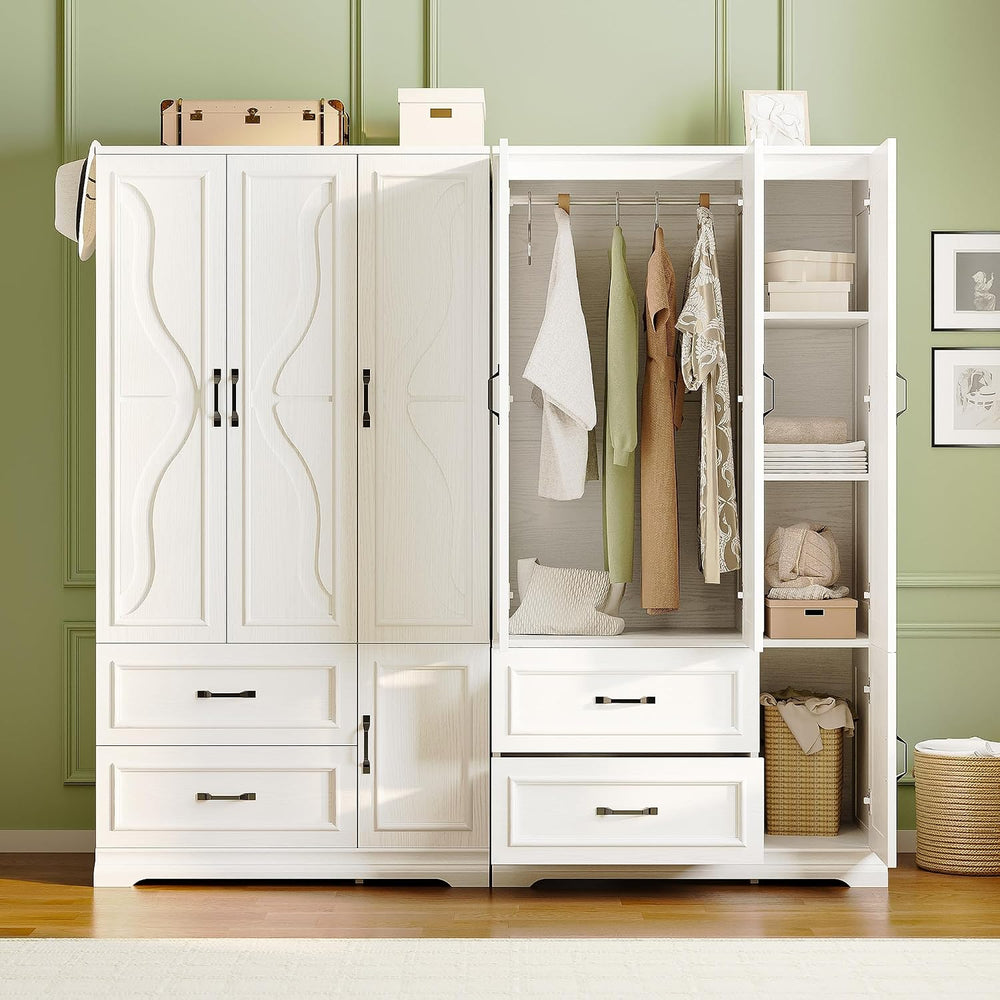 LIKIMIO Armoire Wardrobe Closet with 4 Doors and Drawers, White