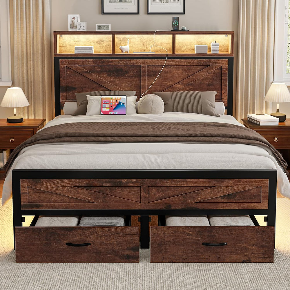 Rustic Full Size Bed Frame with Storage Drawers, Farmhouse LED Full Bed Frame...